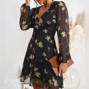 NWT Long Sleeve Chiffon Black Floral Printed Mini Dress